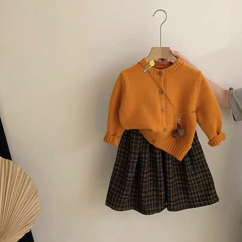 巨显白！女童韩系秋季开衫毛衣外套格子阔腿裤两件套