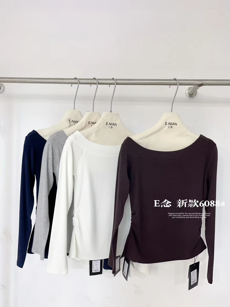 E念6088韩系简约一字肩性感设计修身显瘦长袖上衣T恤女秋2025新款