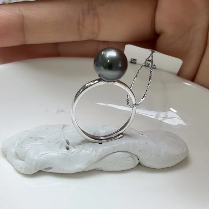 银S925镶嵌戒指海水珍珠9-10mm61号