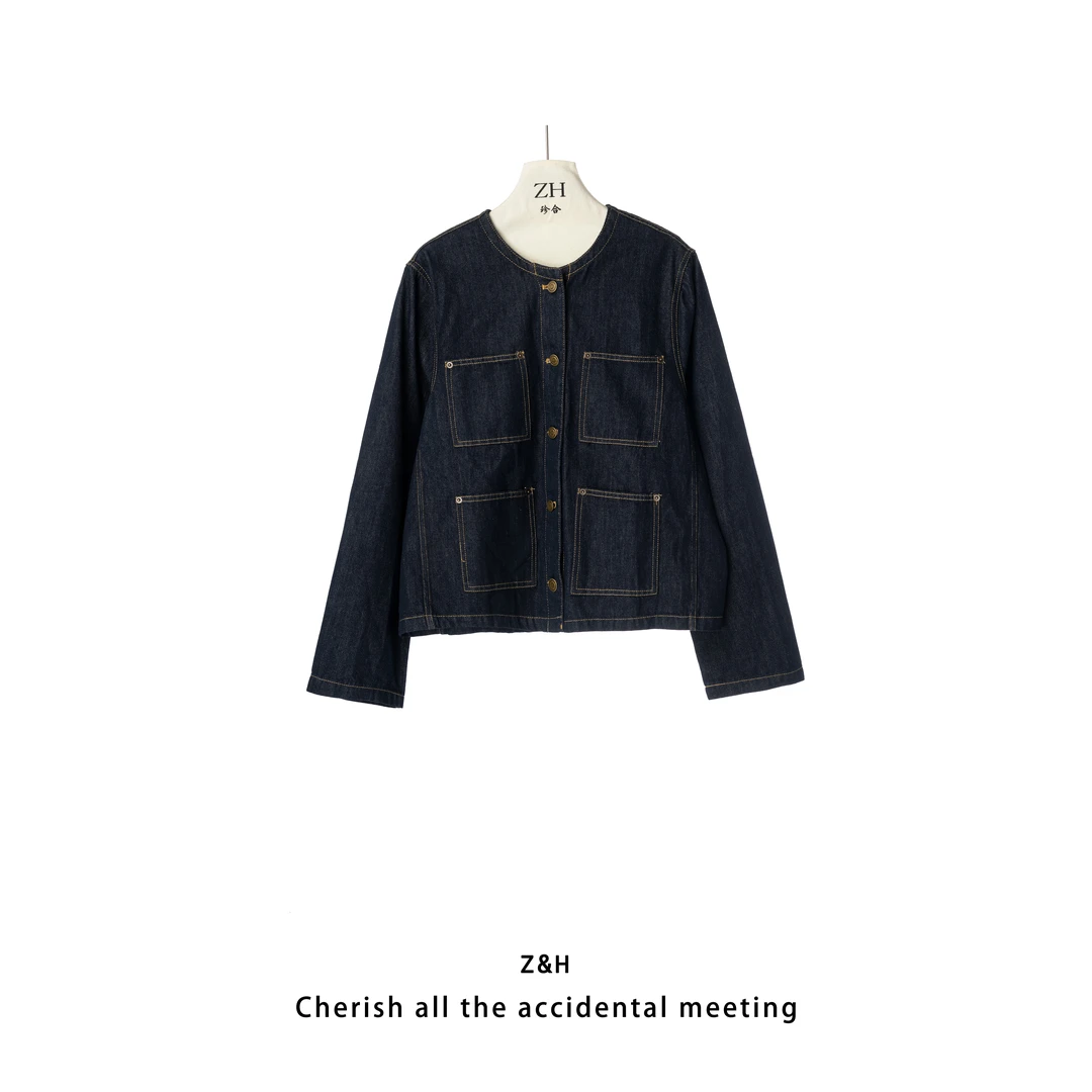 ZH【釜山故事】女复古新款牛仔外套女圆领休闲宽松上衣