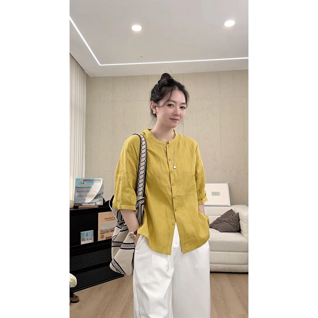 苏安家｜“禅意美学” 中式对襟领100%亚麻白衬衫短袖 氛围感的神