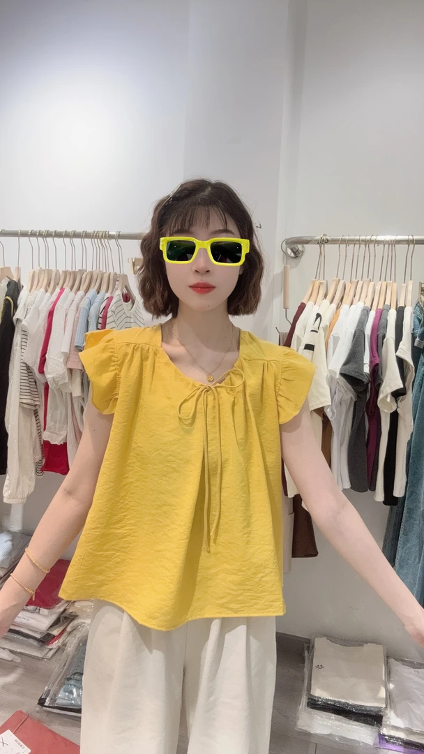 洋气质系带短袖衬衫女夏季新款荷叶边抽绳宽松小清新无袖上衣
