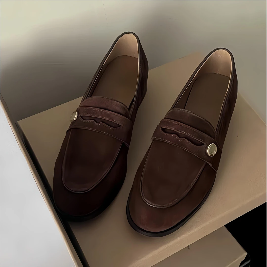 现货羊皮版~复古小金扣真皮磨砂平底乐福鞋女英伦风一脚蹬小皮鞋