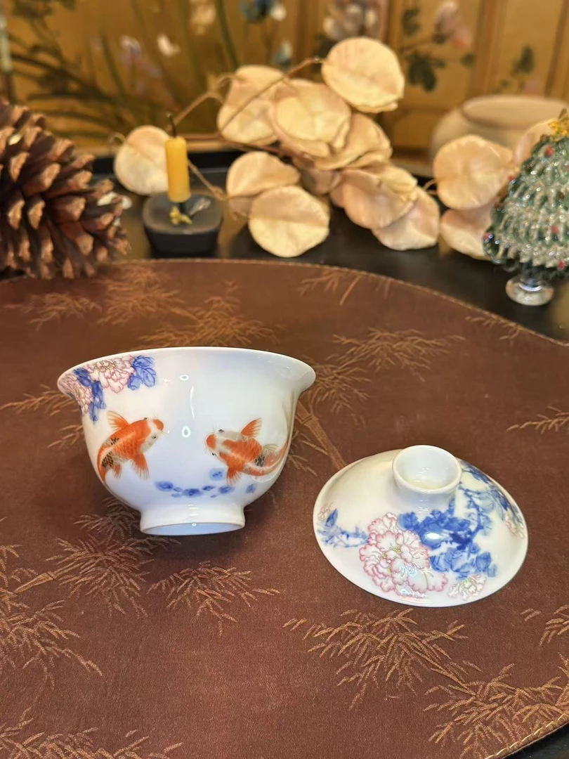 一儒堂 青花加彩锦鲤小盖碗一儒堂