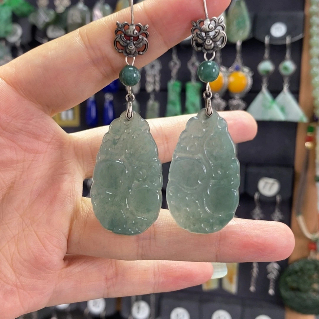 翡翠银S925镶嵌耳饰耳坠