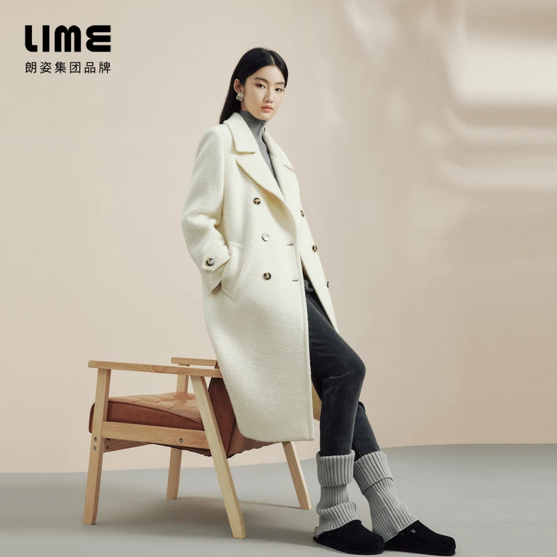 LIME/莱茵【自在从绒】冬季气质毛呢长大衣本白色LDFD9AWLCK01