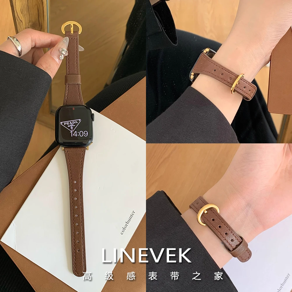 适用苹果手表带applewatch秋冬真皮腕带s11/10/9显白小羊皮马蹄扣