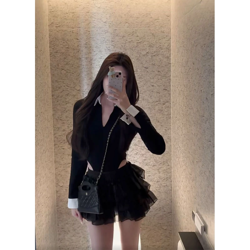 2025年夏季新款ins辣妹纯欲风POLO修身连体上衣女配网纱半身短裙