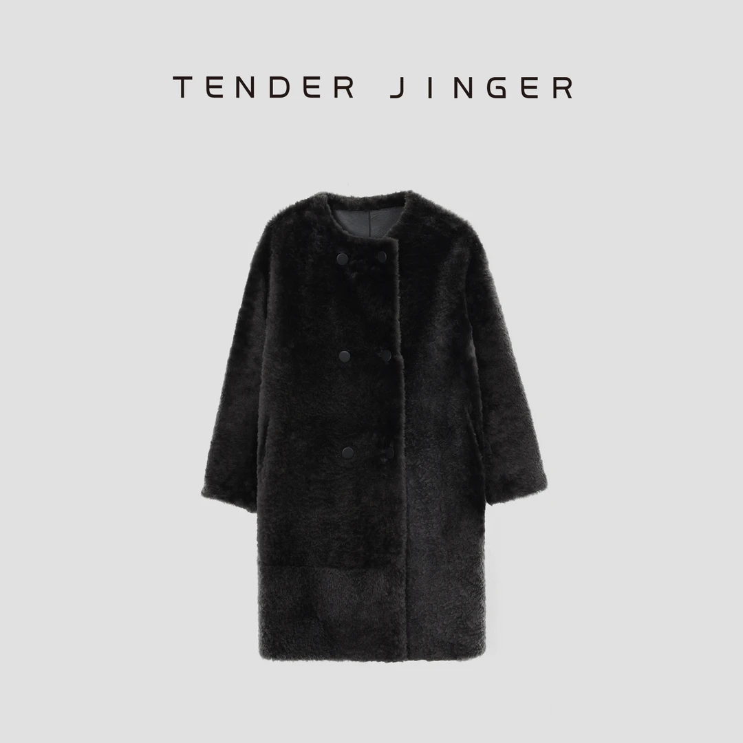 Tender Jinger【黑标】圆领双排扣两面穿长款皮毛一体T44MDD79056