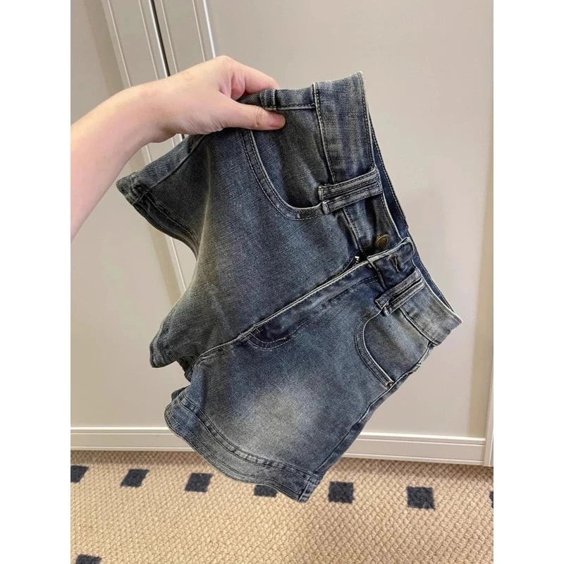 008美式复古高街牛仔短裤女夏季薄款辣妹高腰修身显瘦做旧a字裤M