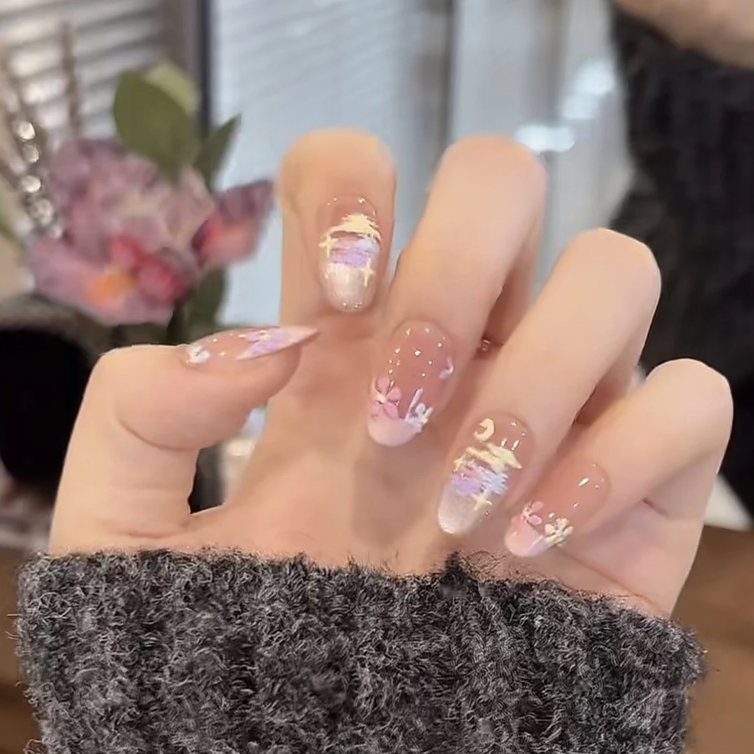 【春日油画】珊瑚纪显白精美月夜纯手工穿戴甲