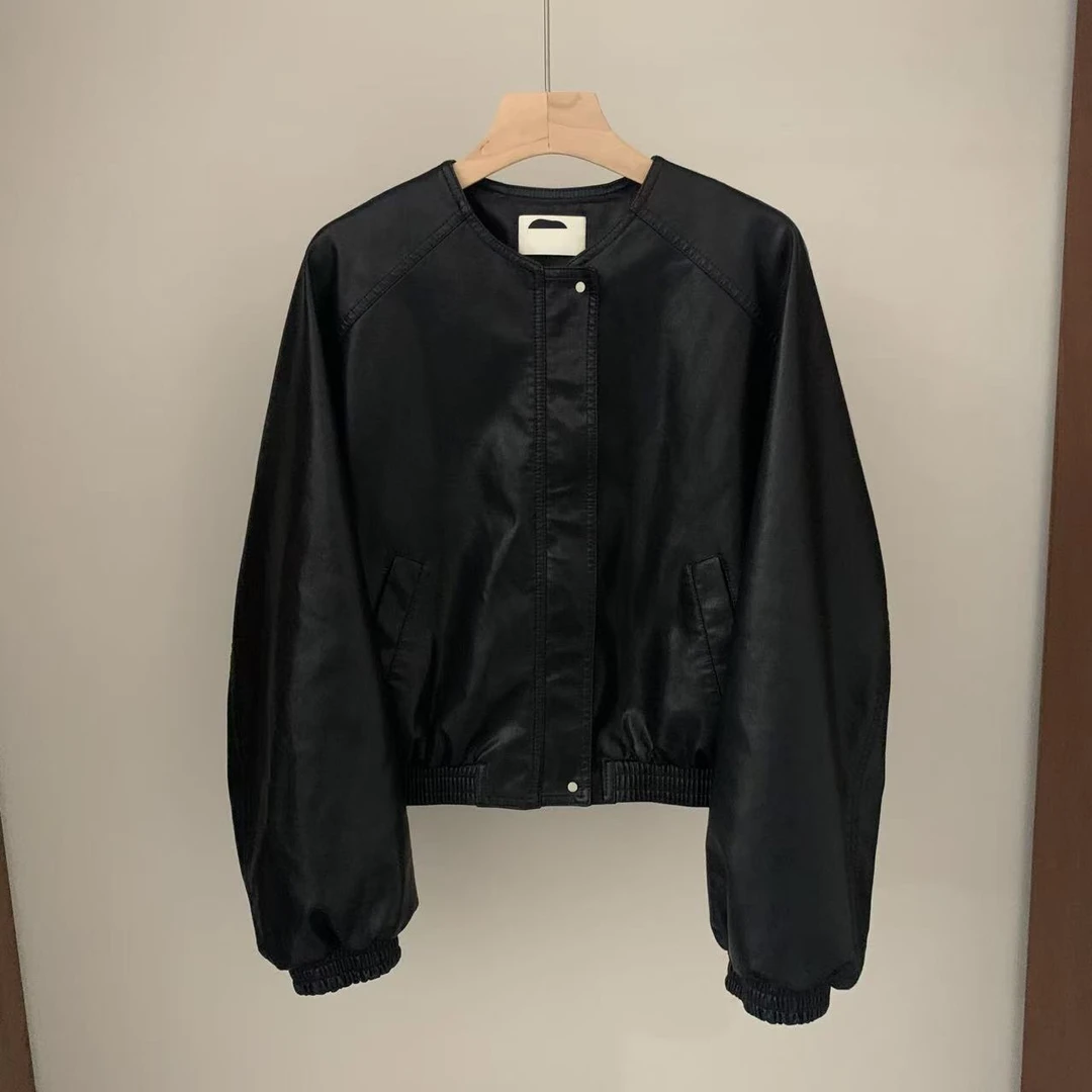 春季韩系简约圆领皮衣外套