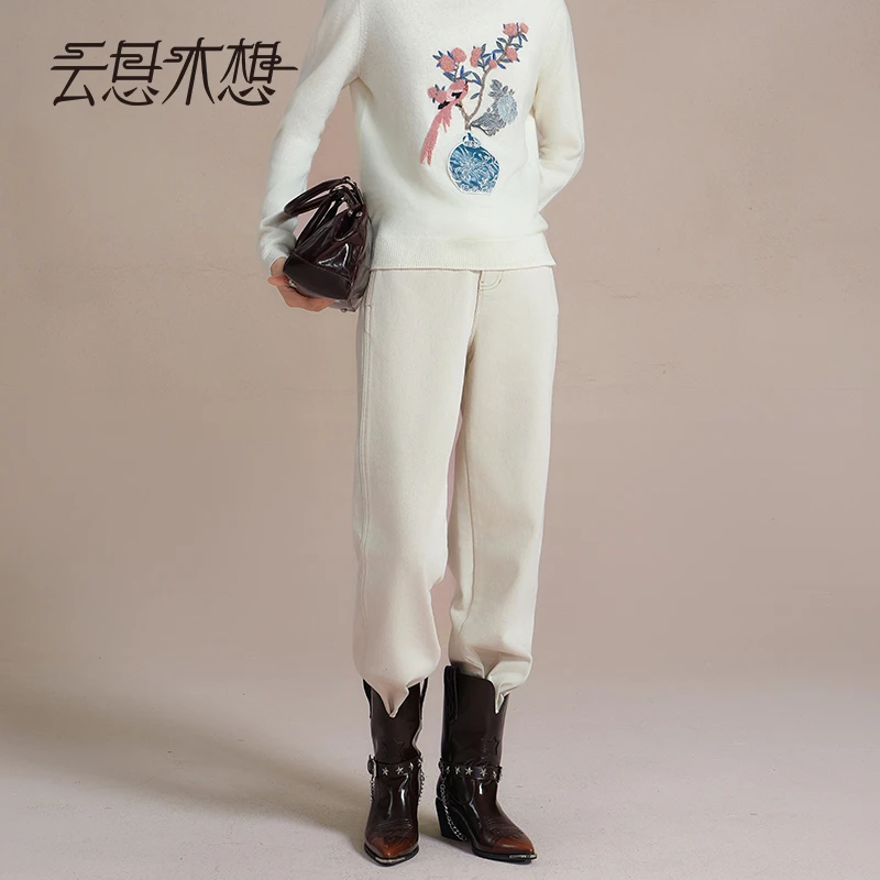 Ysimo-X云思木想 月白悠悠 修身后腰橡筋小锥型加绒牛仔裤13905