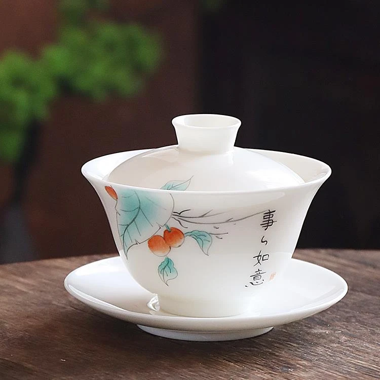 羊脂玉陶瓷茶具手工绘画盖碗壶家用办公室公道杯茶具套装茶器简约
