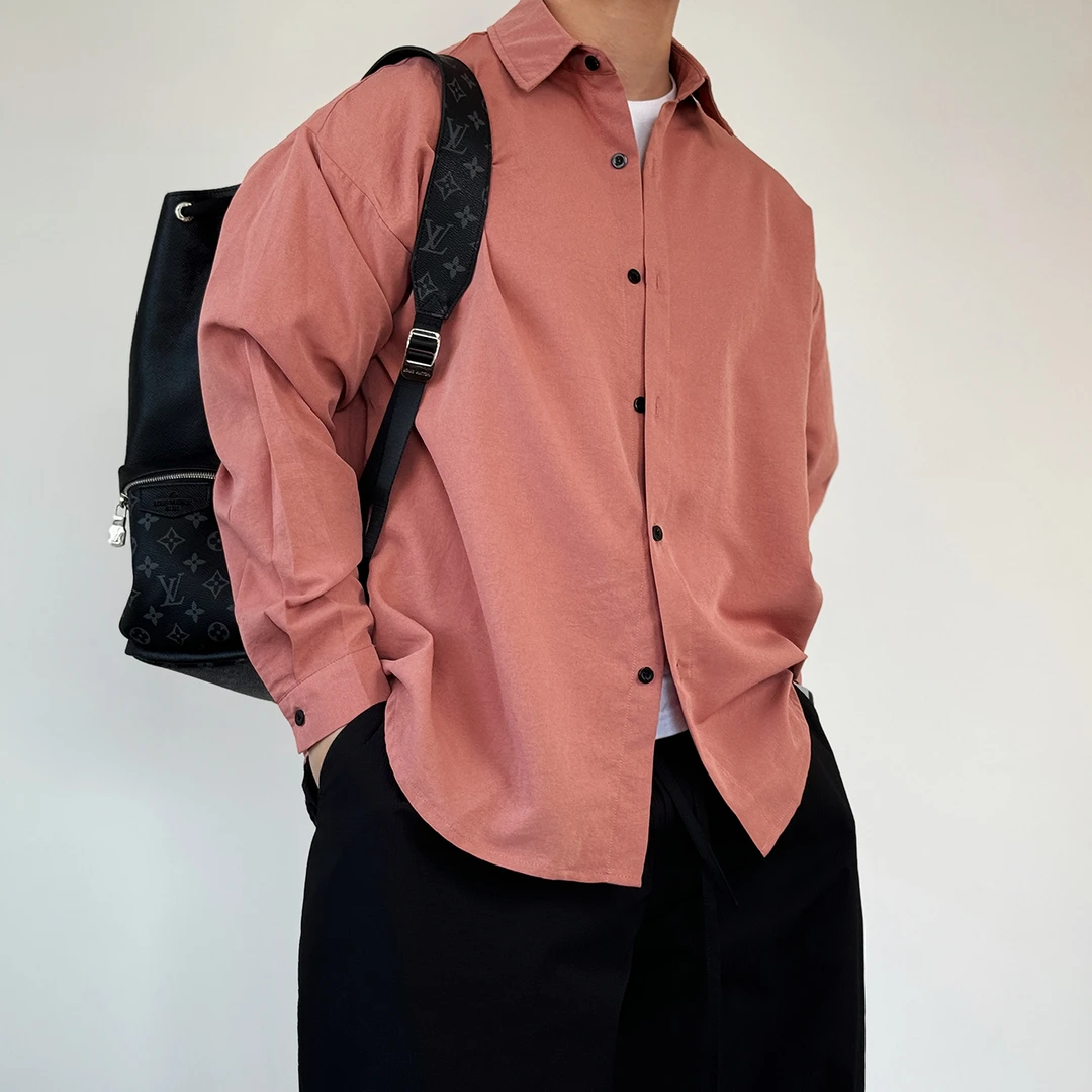 陆星家【脏粉】纯色衬衫秋季极简长袖复古男士小众宽松休闲衬衣C252