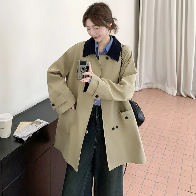 韩系高级感撞色翻领风衣秋季新款休闲小个子短款大衣