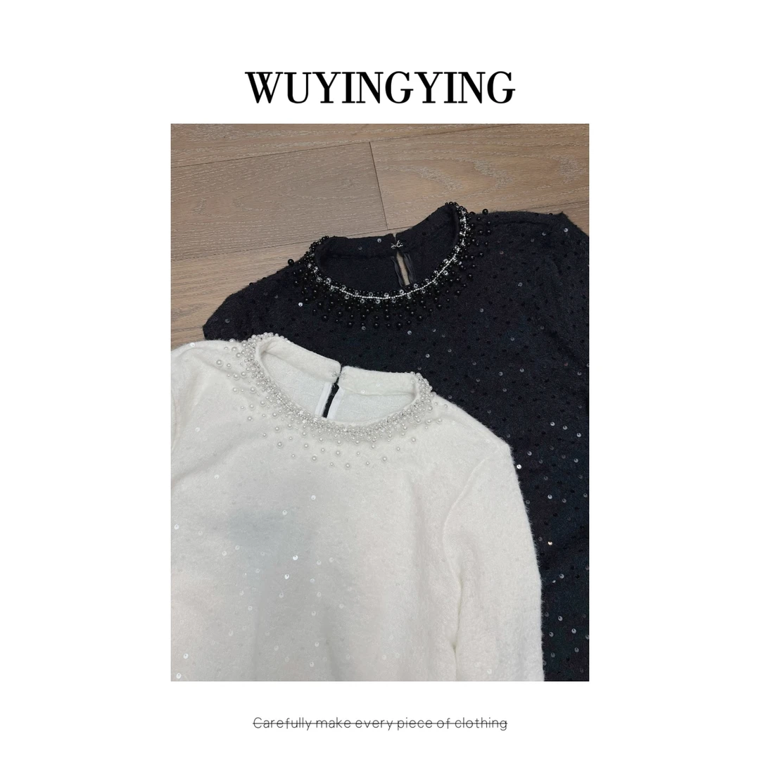 WUYINGYING【气质入骨】欧货高品小众领口重工钉珠亮片T恤