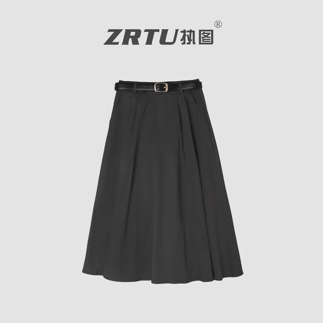 ZRTU/执图2025秋款简约高腰纯色半身裙A字裙带腰带