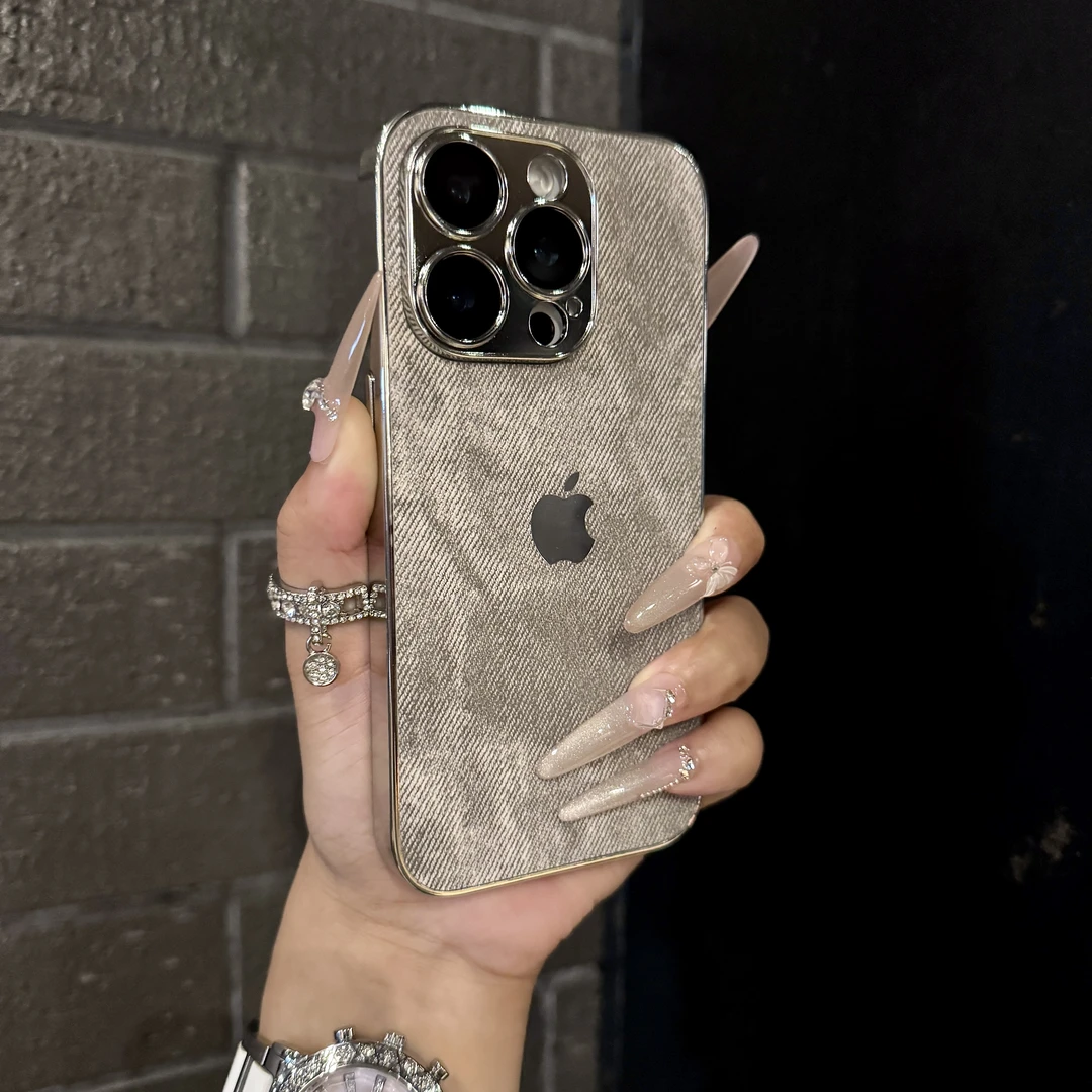 电镀牛仔纹适用苹果16手机壳iPhone15promax全包14防摔13男女款12