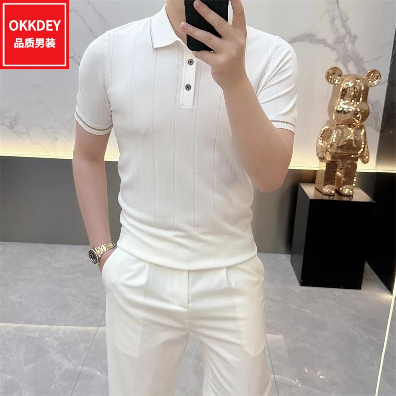 男士高级感针织冰丝短袖t恤夏季薄款百搭上衣时尚轻奢半袖polo衫