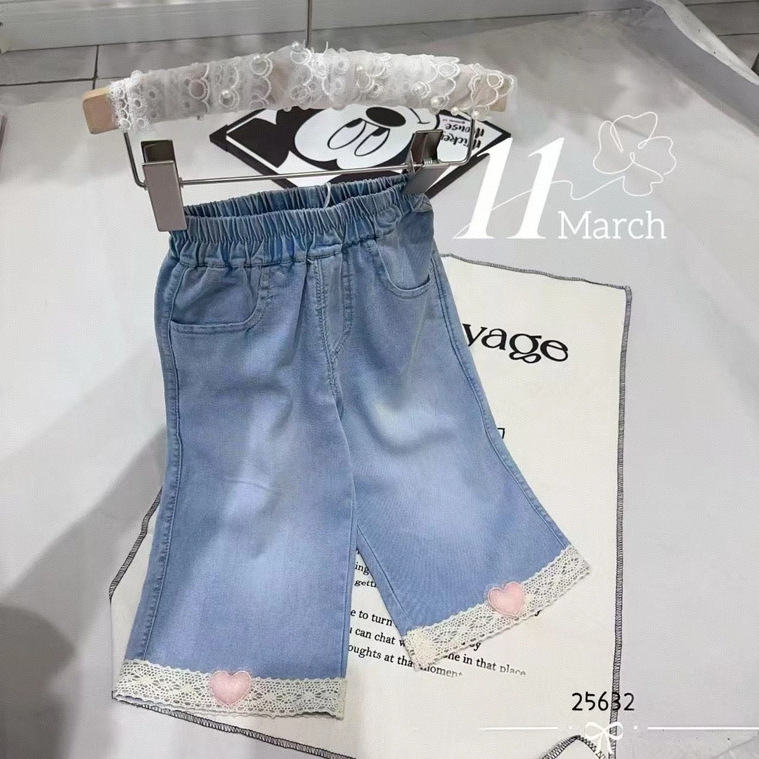 【Bao Bao】夏款女童天-丝微喇花边爱心牛仔裤25632