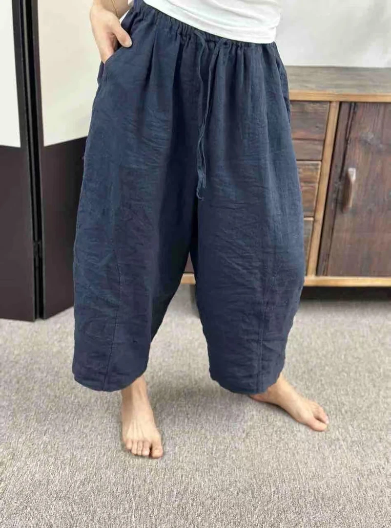 爱麻吖 夏季新款纯色亚麻休闲百搭八分老爹裤（裤长85臀围130）