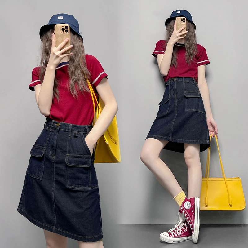 气质短袖夏季2025新款设计感百搭高腰显瘦复古工装牛仔a字短裙