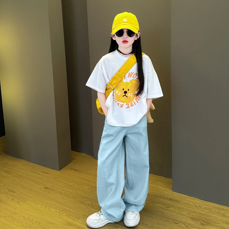 设计感洋气小熊短袖t恤女童2025新款夏季时尚牛仔休闲阔腿裤套装
