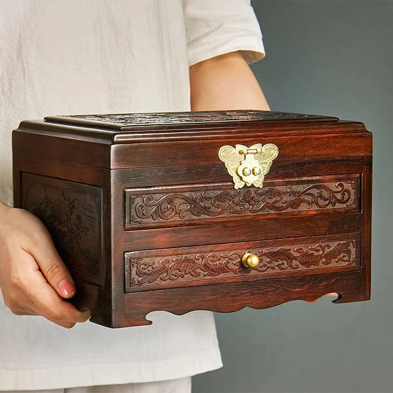 【木上】红酸枝-榫卯花开富贵首饰盒26*18*16-高端红木收纳盒文玩箱