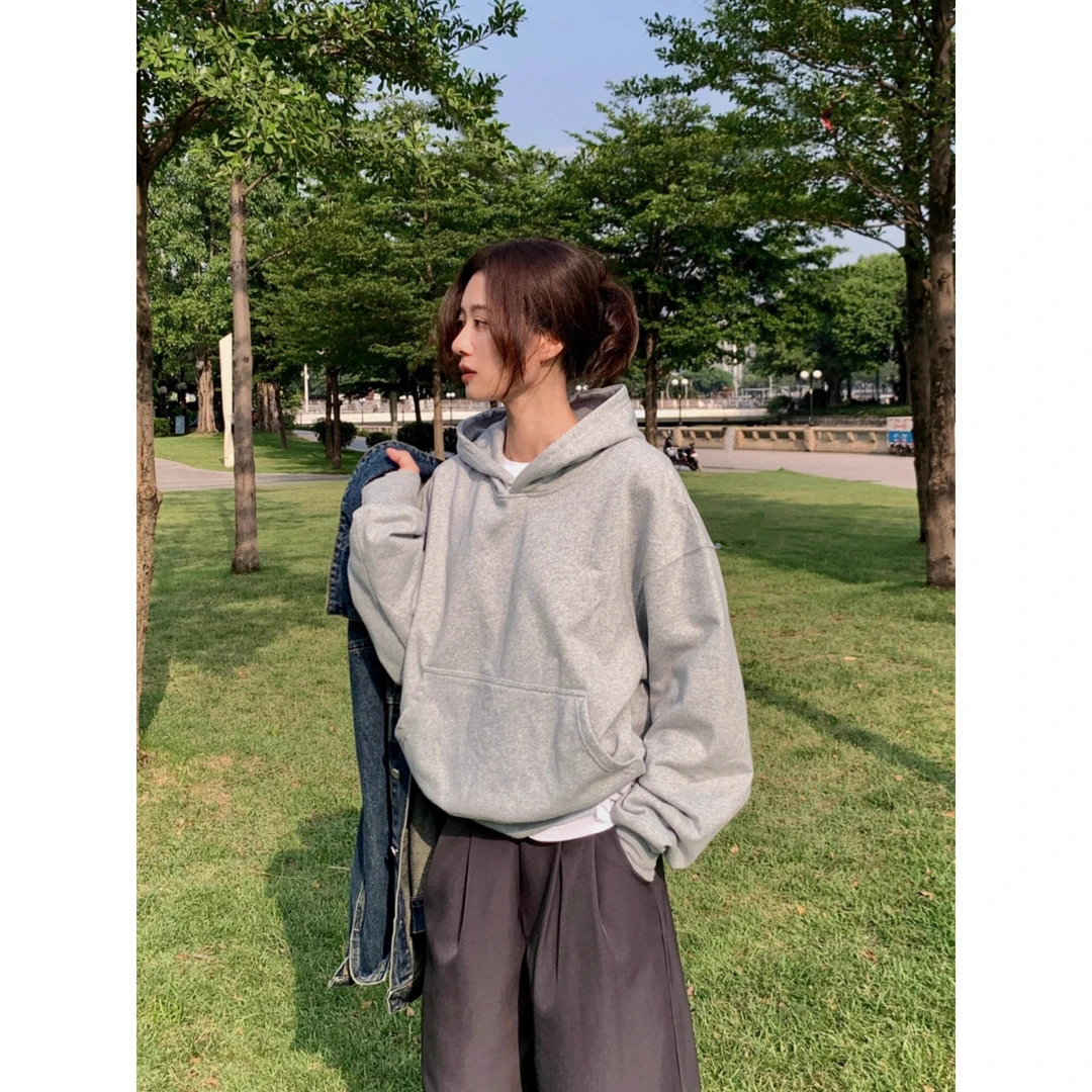 灰色卫衣高街美式连帽基础款纯色秋冬加绒加厚套头保暖上衣帽衫女