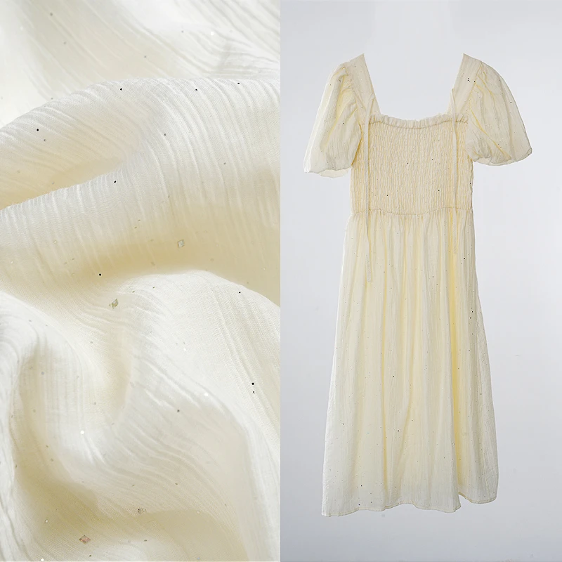 2025新款时尚方领泡泡袖褶皱修身显瘦亮片设计连衣裙74U0126