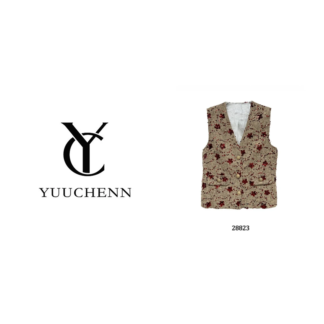 YUUCHENN 法式轻奢重工气质百搭显瘦小香风马甲外套女碎花28823