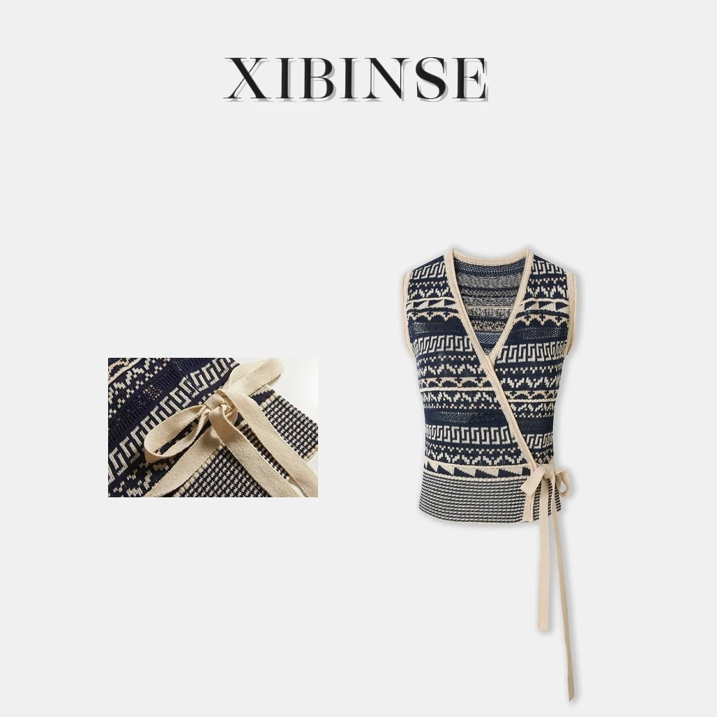 XIBINSE 波西米亚 亚麻混纺几何条纹马甲上衣 25夏季新款 D020