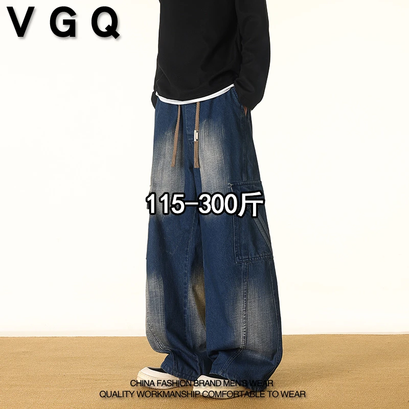 VGQ男士工装风牛仔裤秋季新款加大码美式休闲潮流百搭弯刀直筒裤