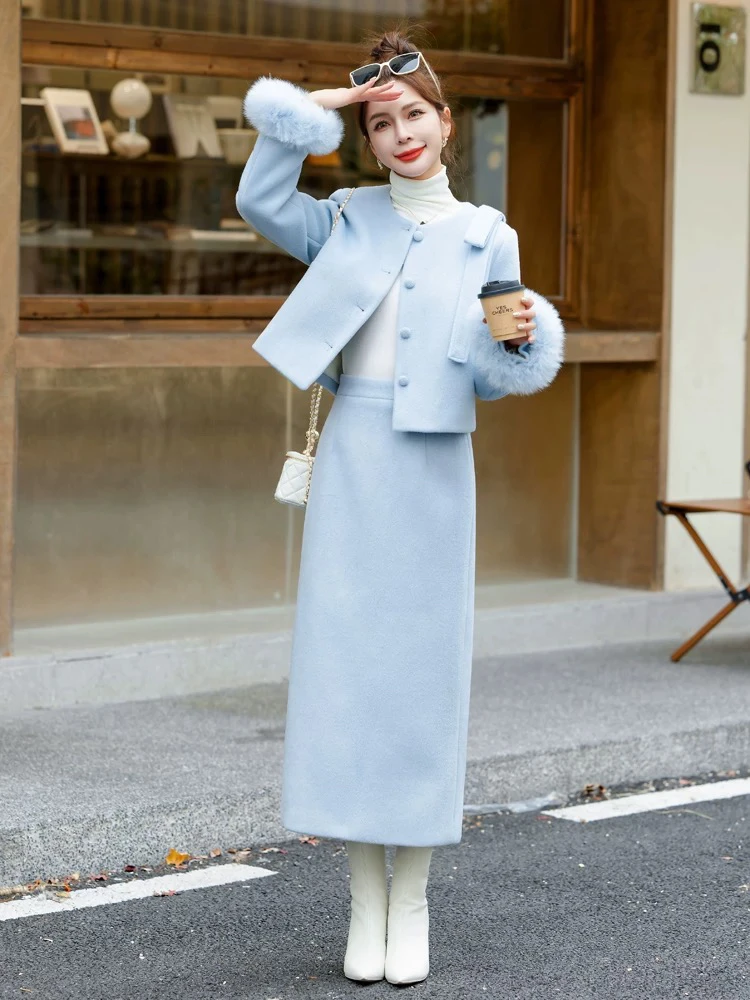 气质显瘦小香风加绒加厚套装袖口带毛领修身呢子小香风两件套