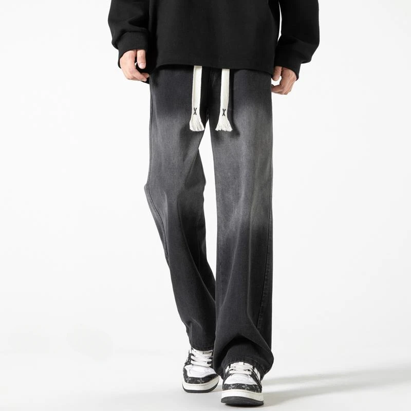 【TQUX港奢男装】复古潮牌美式做旧水洗牛仔裤男夏季黑色街头宽松