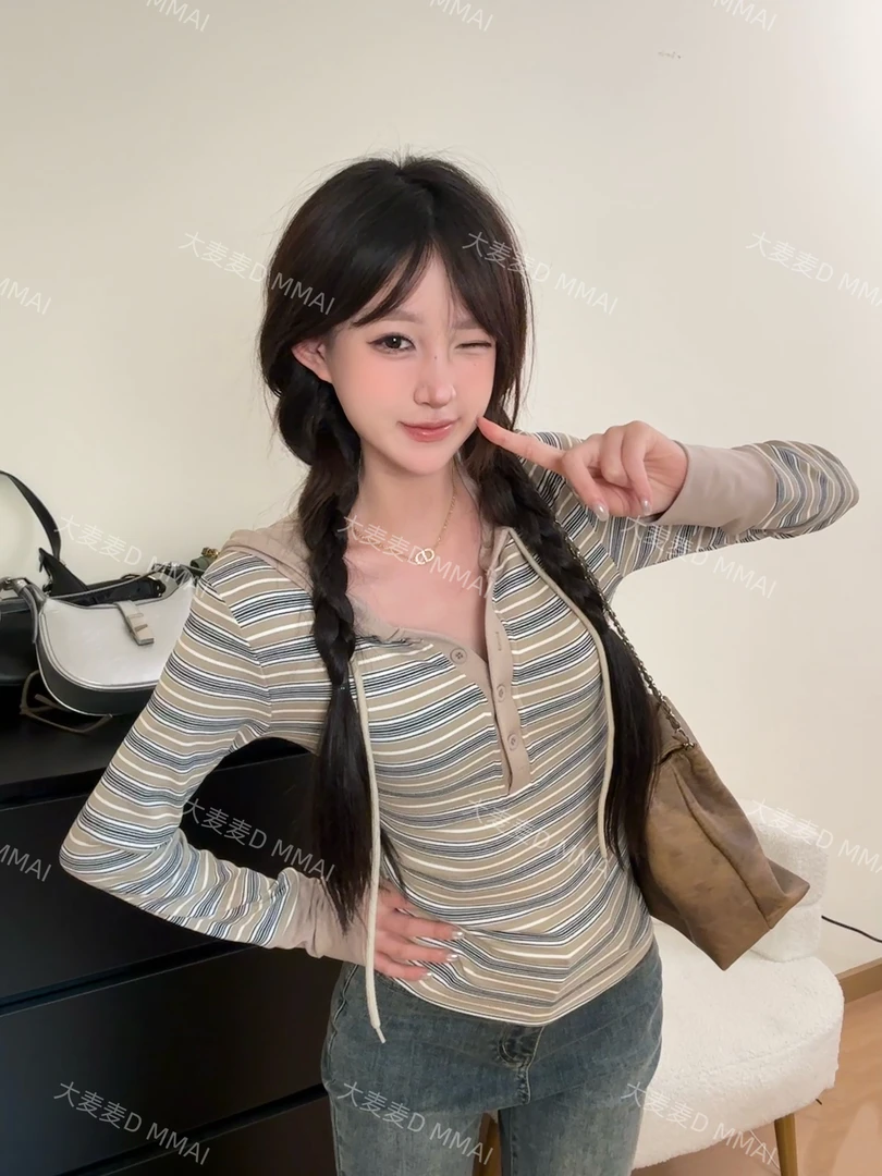 韩系撞色条纹连帽长袖T恤女2025秋冬新款设计感时尚复古休闲上衣