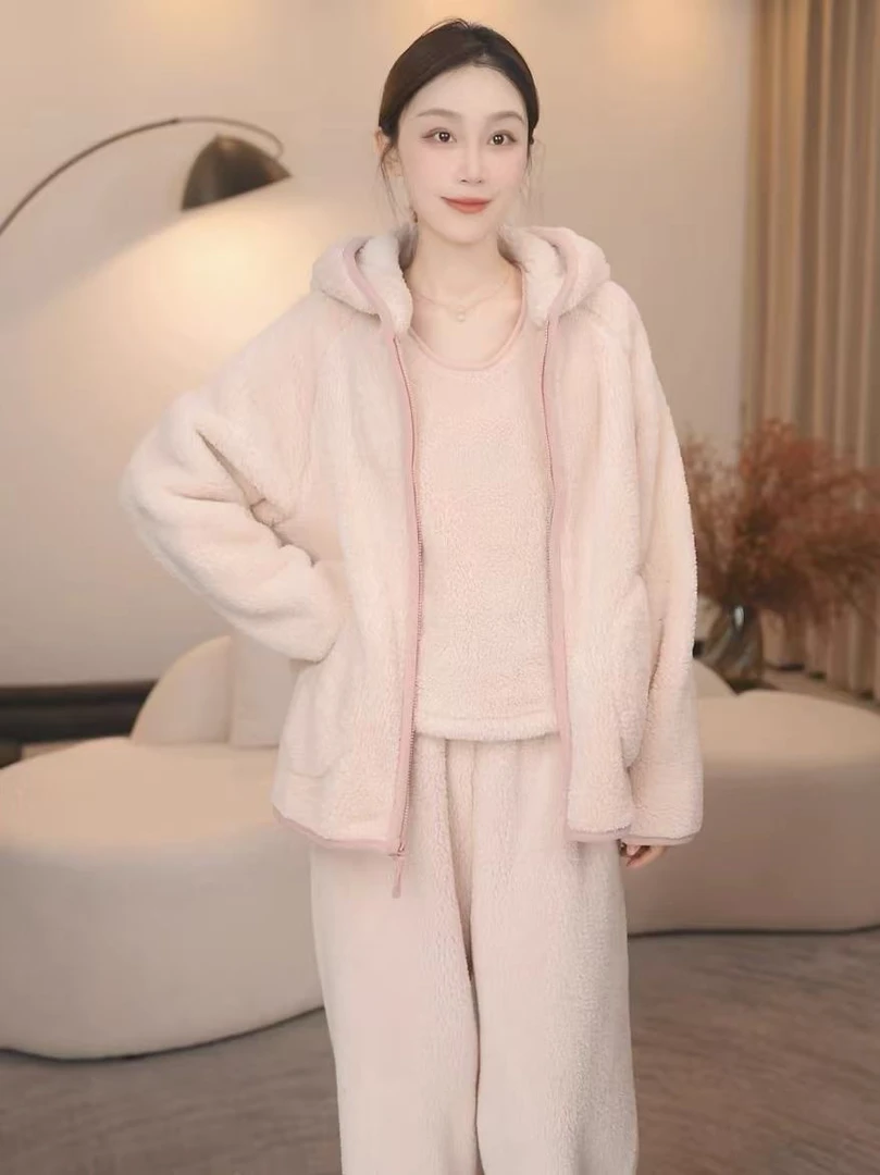 【三件套】冬季连帽泡芙睡衣女士加绒加厚保暖家居服甜美睡衣可外穿