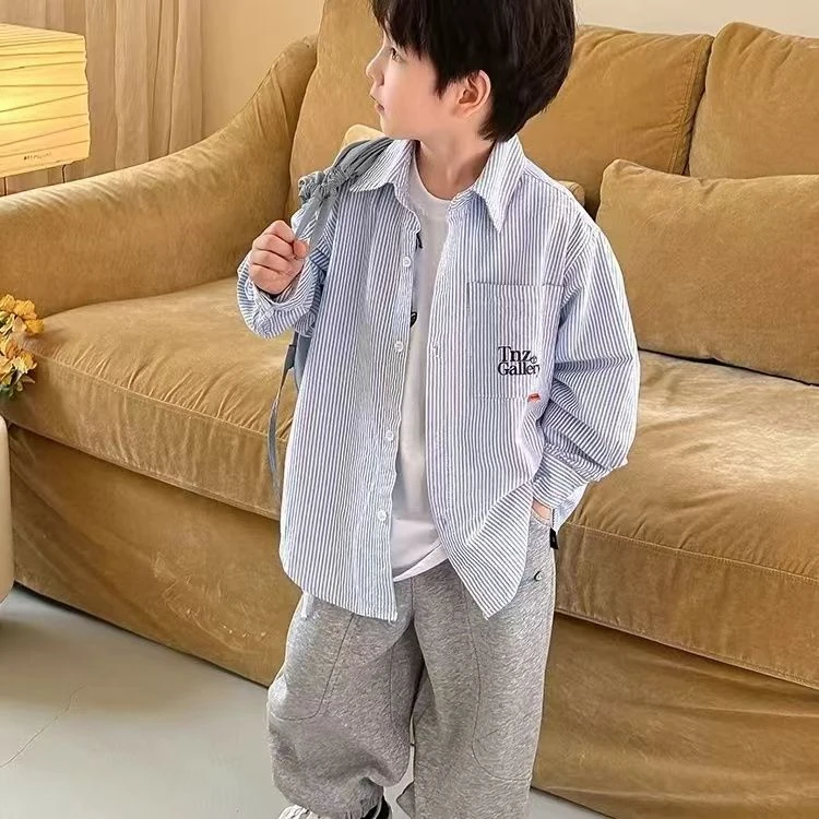 男女童衬衫韩版长袖春秋中小童宽松条纹衬衫日常穿搭百搭-DF