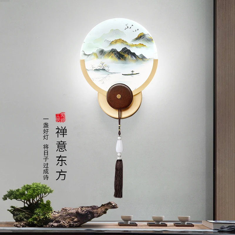 新中式实木壁灯禅意卧室茶室书房过道壁灯国风大气简约背景墙壁灯