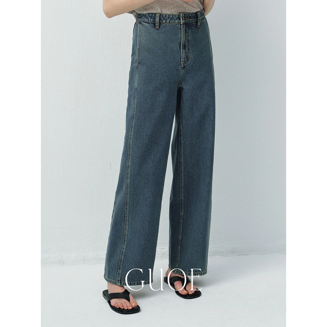 GUOE/显瘦神裤 荃棉怀旧感复古蓝侧缝前移水洗直筒牛仔裤女32100