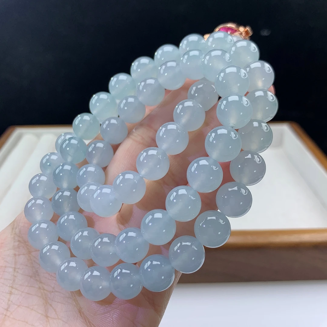 3.7-29-缅甸天然翡翠A货 冰蓝项链尺寸:10mm 62颗粒