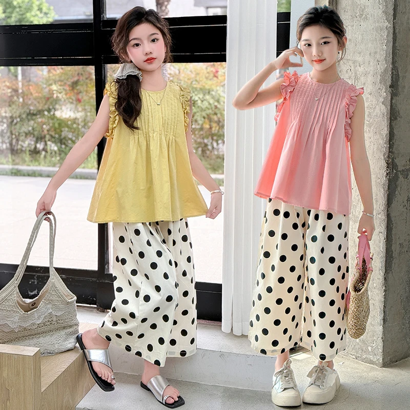 女童儿童娃娃衫圆点裤套装女孩子夏季花边袖宽松阔腿裤棉套装