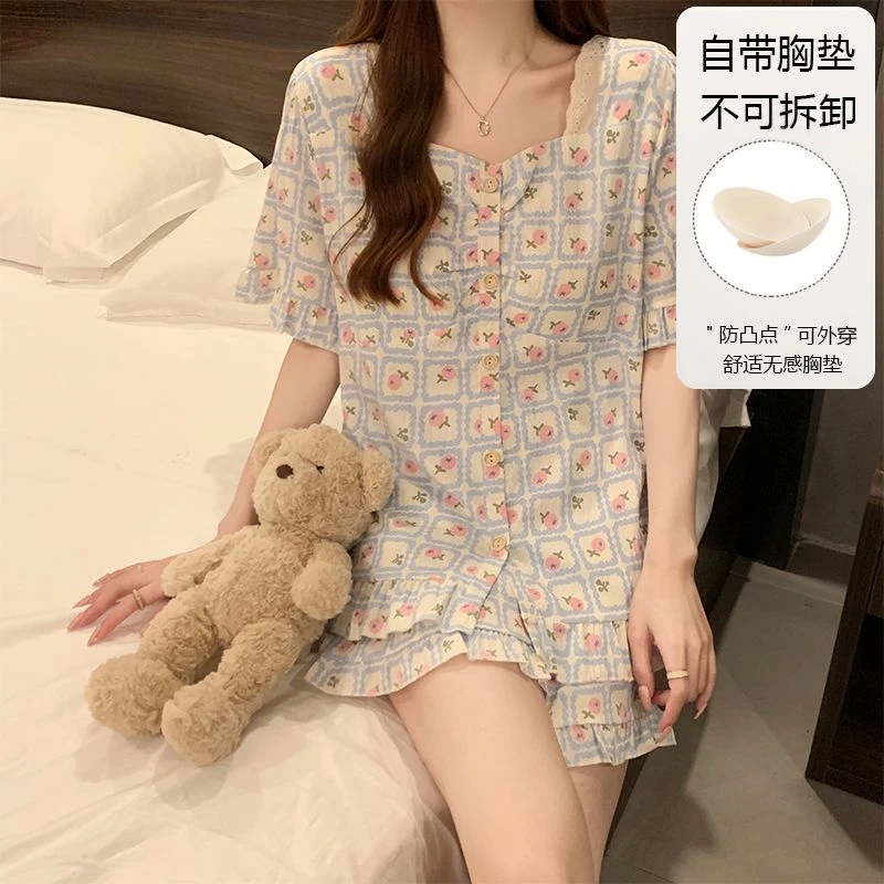带胸垫睡衣女夏季薄款短袖云朵棉套装2025新款可爱爆款家居服小花