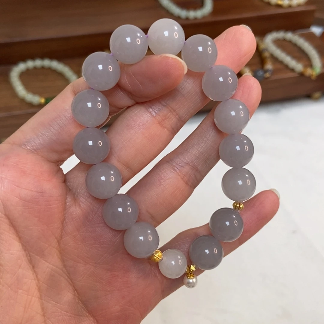 和田玉18K金镶嵌手链12mm莫兰迪精品烟紫
