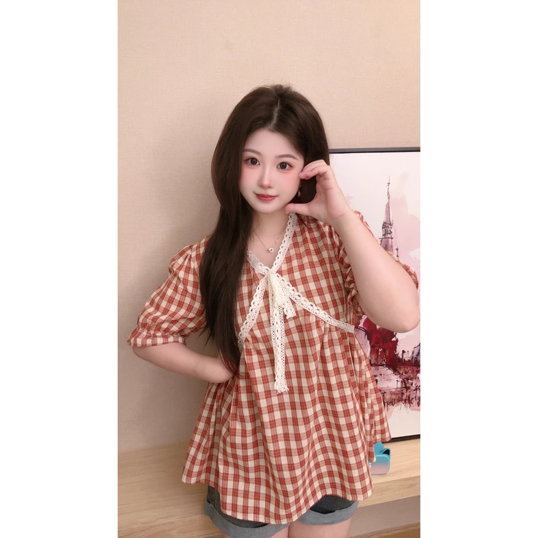 微胖女装蕾丝拼接法式复古格子衬衫上衣显瘦时尚夏季气质洋气