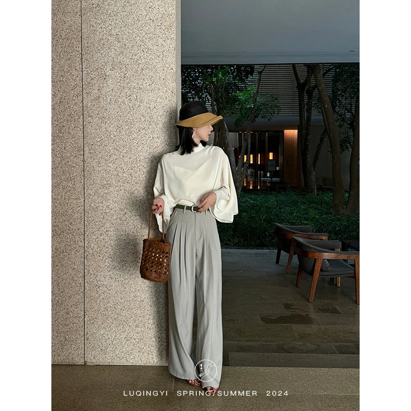 鹭青一现货【远霖】编织麻垂感阔腿休闲裤L24K1903H