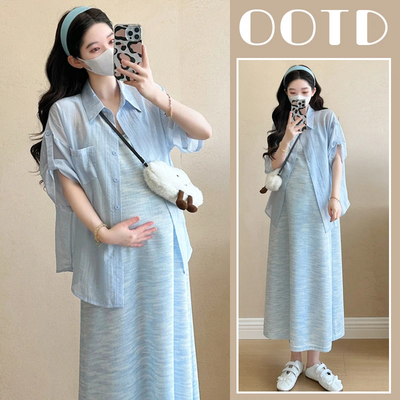孕妇套装夏季新品遮肚子连衣裙外出衬衫吊带裙时尚洋气宽松薄款