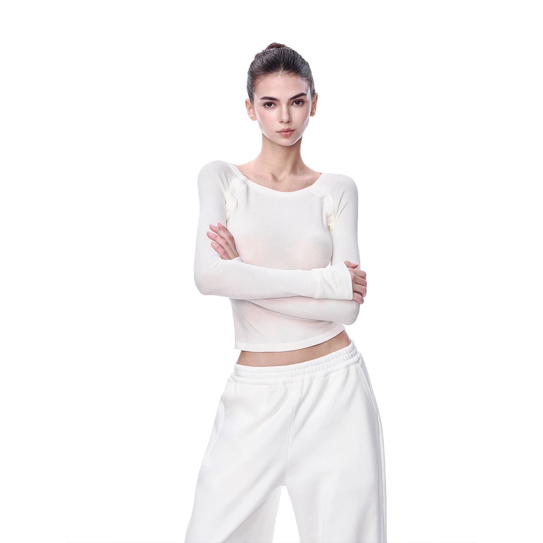 JLAUNT 白色长袖t恤女设计感修身显瘦内搭打底衫体恤美式辣妹上衣
