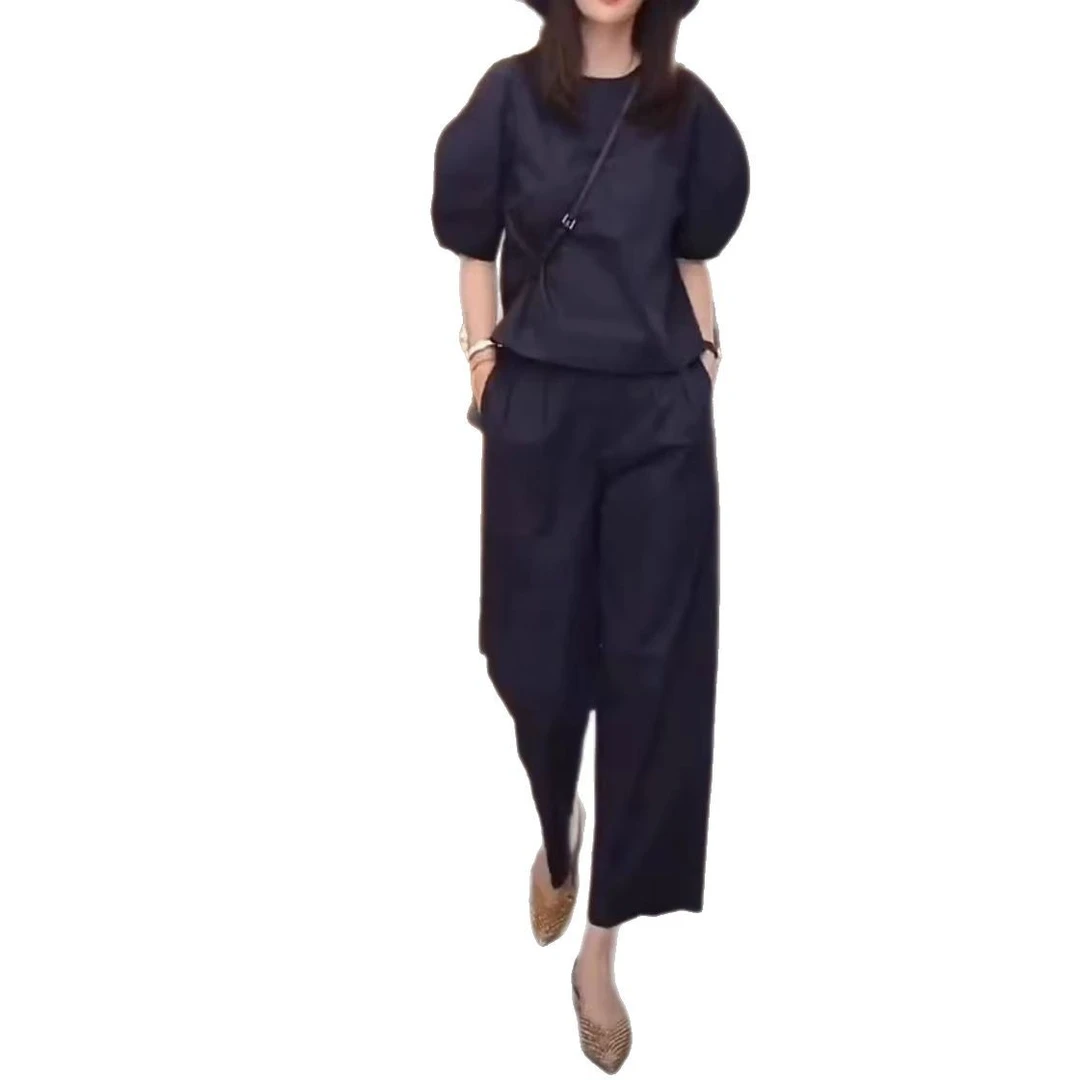 夏季新款圆领泡泡袖减龄上衣九分裤套装显瘦气质休闲简约纯色短袖